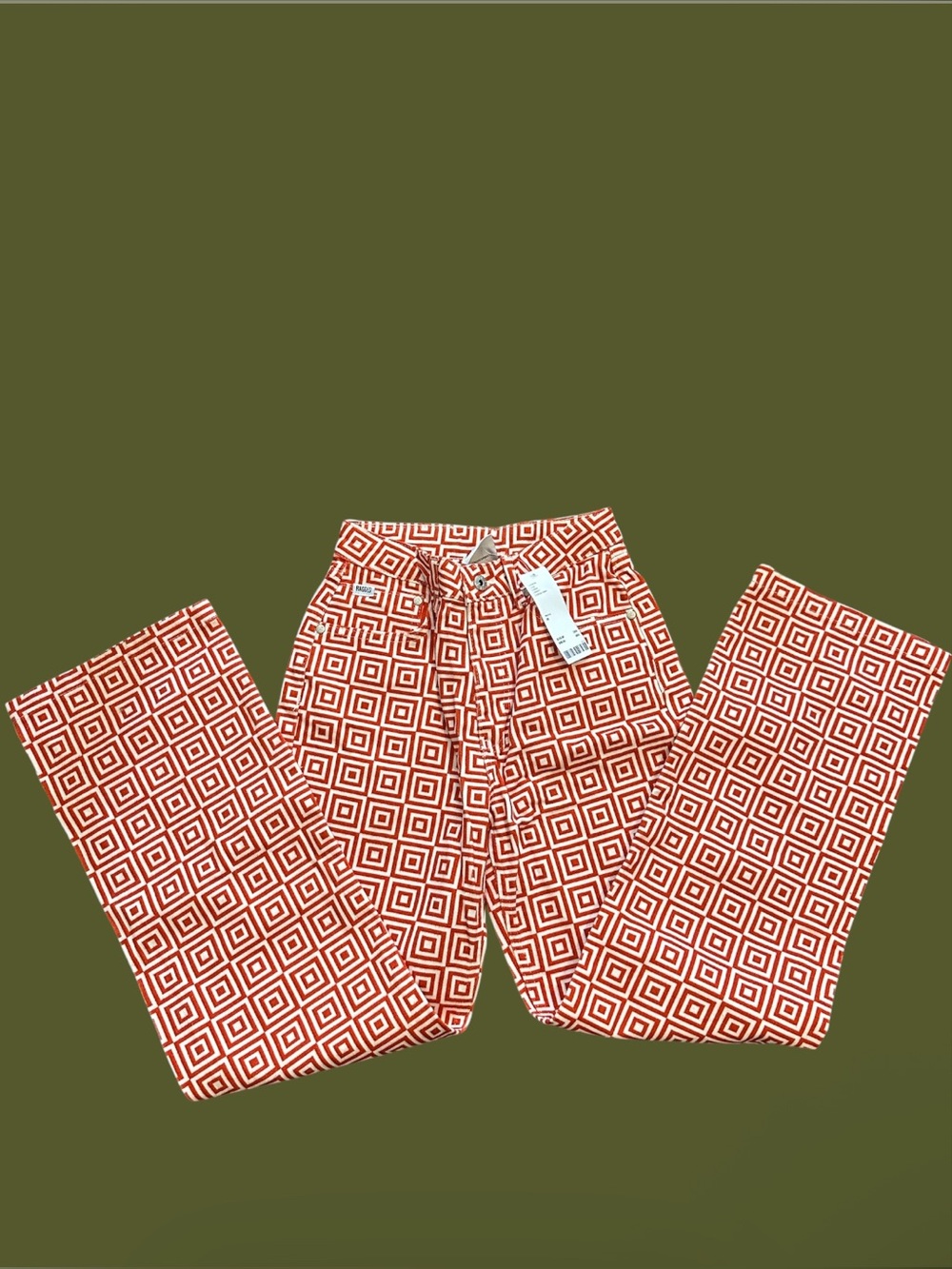 The Ragged Priest Red and White Geometric Square Printed Jeans.